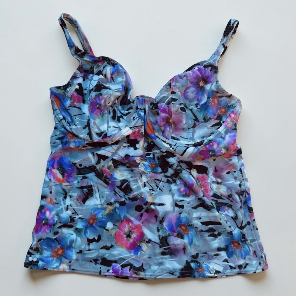 Freya Size 34F Underwire Tankini Floral Flowers Gray Pink Flared Swimwear
